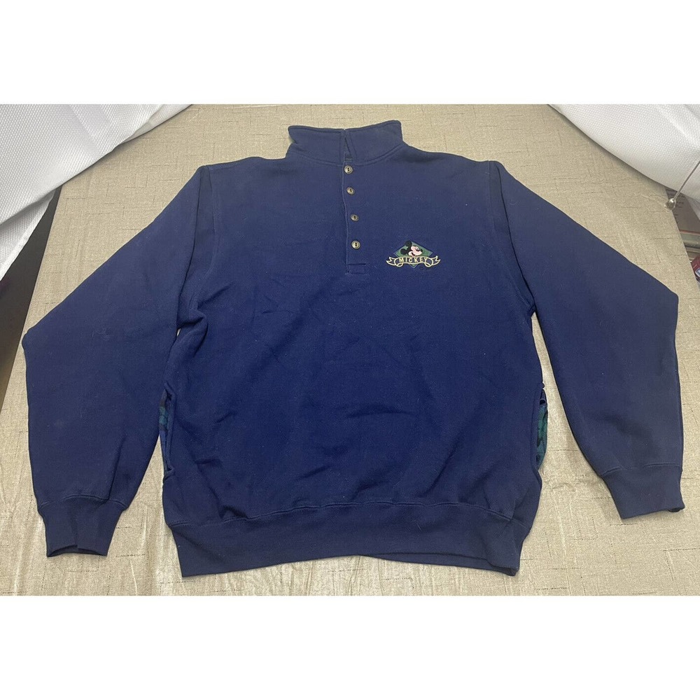 Vintage Mens Disney Mickey Mouse Genius Pullover Sweatshirt Size Large Plaid Blu